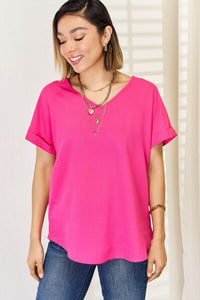 Zenana V-Neck Rolled Short Sleeve T-Shirt Trandify deal
