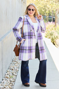 Double Take Full Size Plaid Button Up Lapel Collar Coat Trandify deal