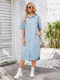 Button Up Dropped Shoulder Denim Dress Trandify deal