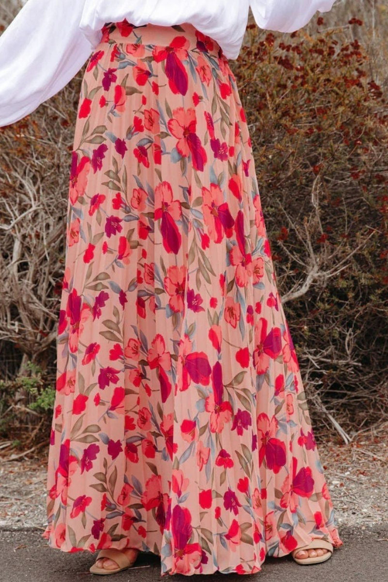 Printed Elastic Waist Pleated Maxi Skirt Trandify deal