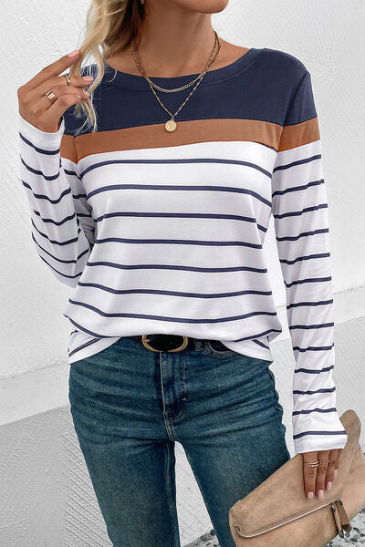 Perfee Striped Round Neck Long Sleeve T-Shirt Trandify deal