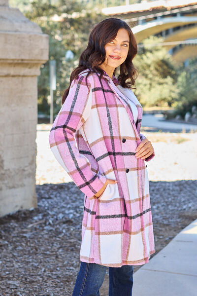 Double Take Full Size Plaid Button Up Lapel Collar Coat Trandify deal