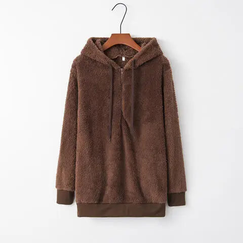 Full Size Quarter-Zip Drawstring Teddy Hoodie Trandify deal