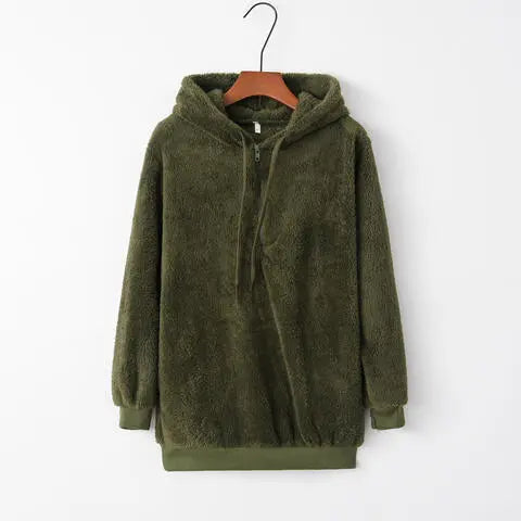 Full Size Quarter-Zip Drawstring Teddy Hoodie Trandify deal