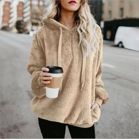 Full Size Quarter-Zip Drawstring Teddy Hoodie Trandify deal