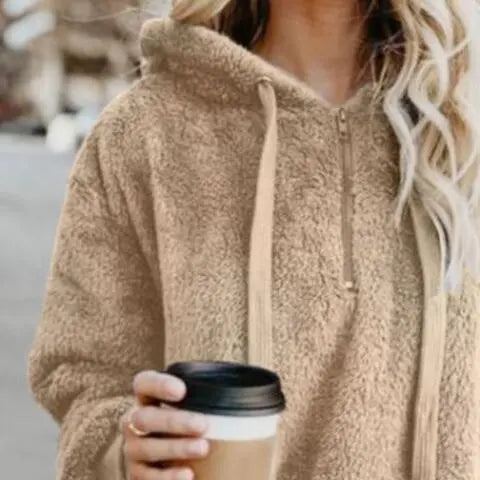 Full Size Quarter-Zip Drawstring Teddy Hoodie Trandify deal