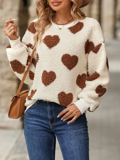 Fuzzy Heart Dropped Shoulder Sweatshirt Trandify deal
