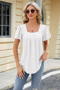 Eyelet Square Neck Short Sleeve T-Shirt Trandify deal
