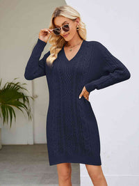 Cable-Knit V-Neck Mini Sweater Dress Trandify deal