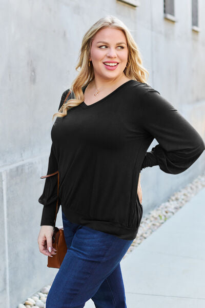 Basic Bae Full Size V-Neck Lantern Sleeve Blouse Trandify deal