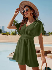 Smocked V-Neck Short Sleeve Dress Trandify deal