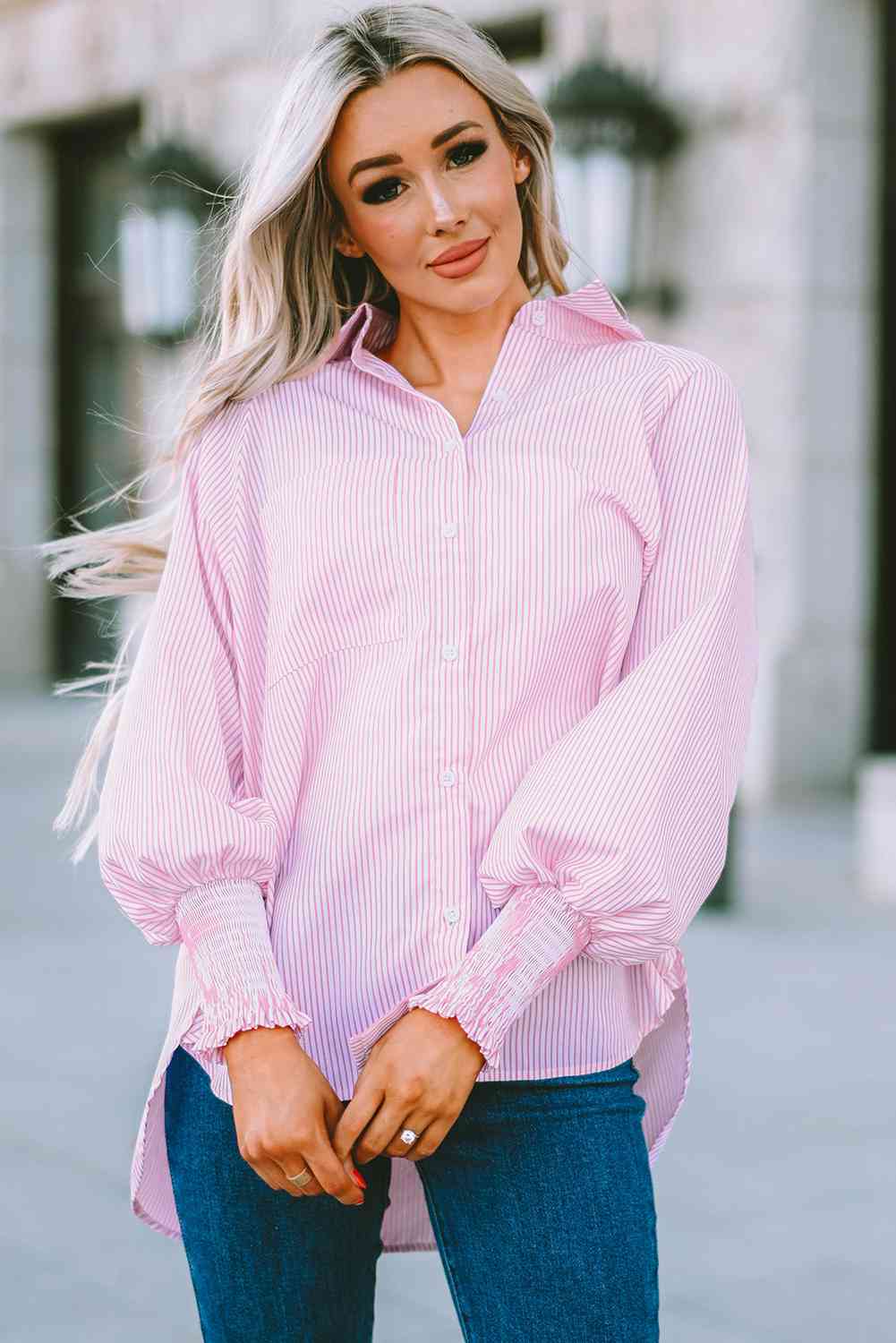Striped Lantern Sleeve Collared Shirt Trandify deal