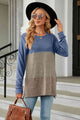 Color Block Round Neck Long Sleeve Slit T-Shirt Trandify deal