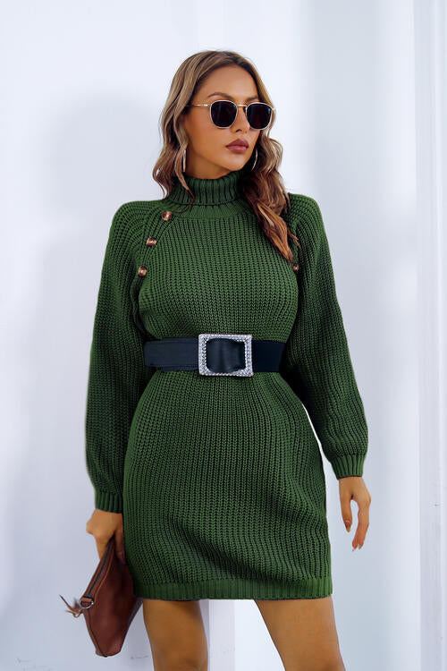 Buttoned Turtleneck Long Sleeve Sweater Dress Trandify deal