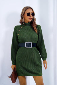 Buttoned Turtleneck Long Sleeve Sweater Dress Trandify deal