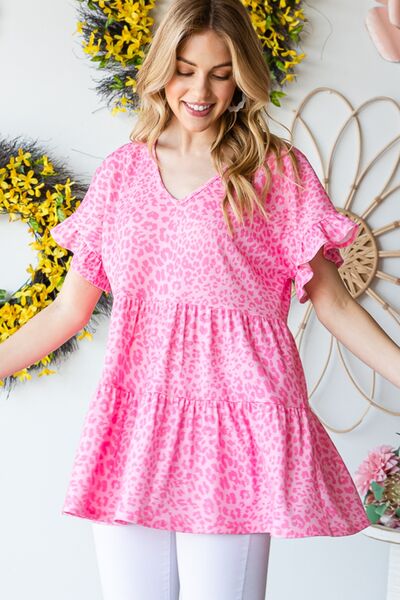 Heimish Full Size Leopard Ruffle Trim Short Sleeve Top Trandify deal