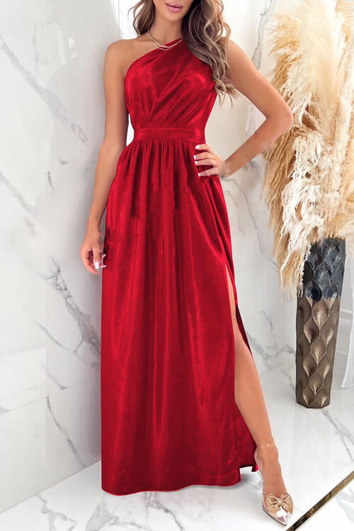 One Shoulder Slit Ruched Maxi Dress Trandify deal