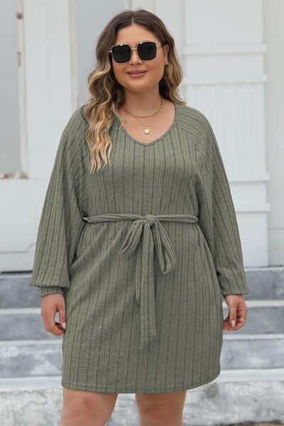 Plus Size Ribbed Tie Front Long Sleeve Sweater Dress Trandify deal