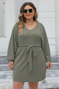 Plus Size Ribbed Tie Front Long Sleeve Sweater Dress Trandify deal