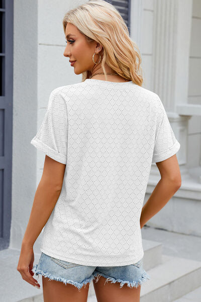 Eyelet Notched Short Sleeve T-Shirt Trandify deal