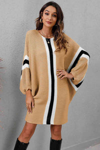 Ribbed Round Neck Long Sleeve Sweater Dress Trandify deal