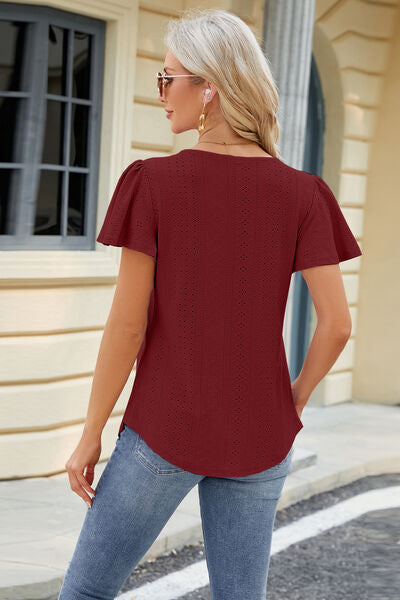 Eyelet Square Neck Short Sleeve T-Shirt Trandify deal
