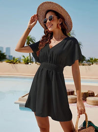 Smocked V-Neck Short Sleeve Dress Trandify deal