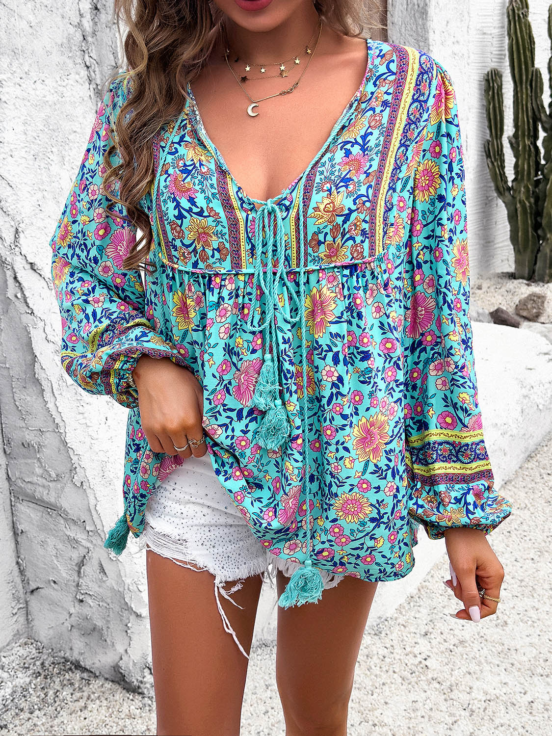 Devine Printed Tie Neck Long Sleeve Blouse Trandify deal