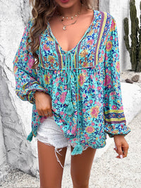 Devine Printed Tie Neck Long Sleeve Blouse Trandify deal