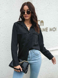 Collared Neck Buttoned Shirt with Pockets Trandify deal