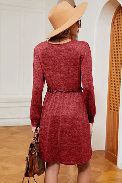 Frill Square Neck Long Sleeve Dress Trandify deal