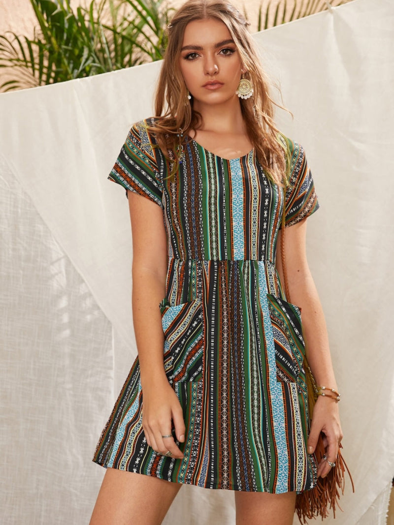 Pocketed Striped Short Sleeve Dress Trandify deal