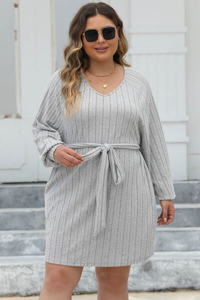 Plus Size Ribbed Tie Front Long Sleeve Sweater Dress Trandify deal