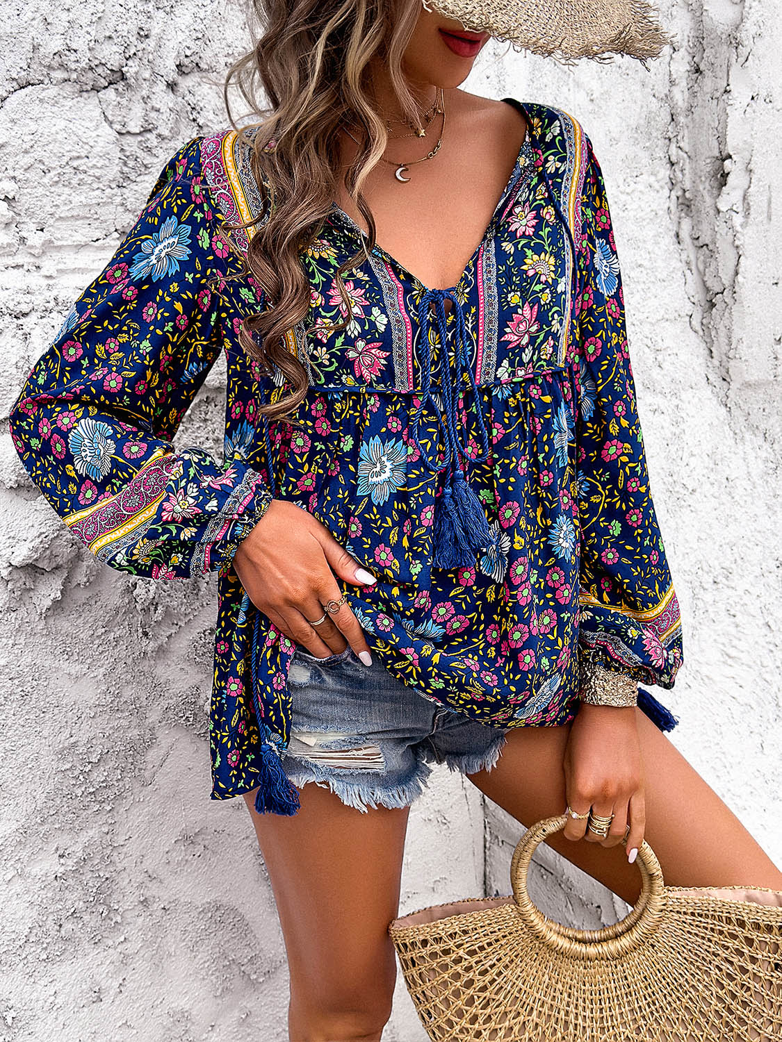 Devine Printed Tie Neck Long Sleeve Blouse Trandify deal