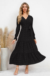 Swiss Dot Tied Surplice Flounce Sleeve Dress Trandify deal