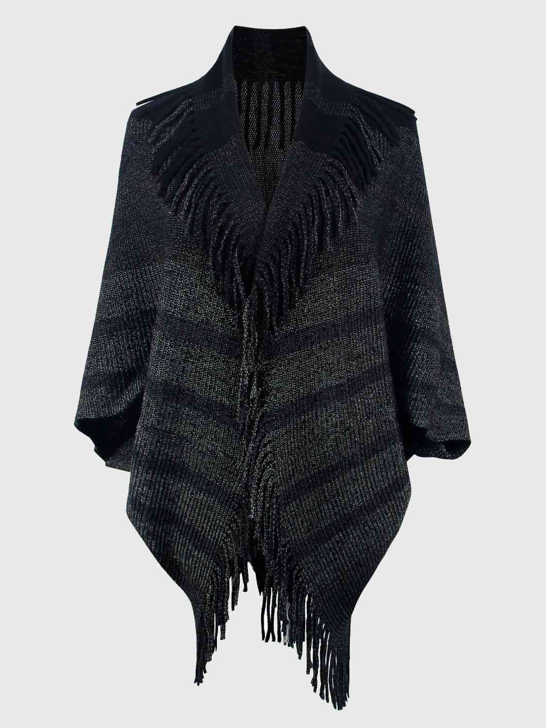 Fringe Detail Open Front Poncho in [Black] – Boho Chic Style by TrandifyDeal