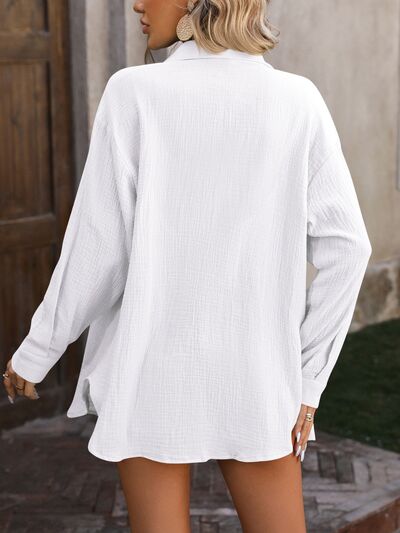 Textured Button Up Dropped Shoulder Shirt Trandify deal
