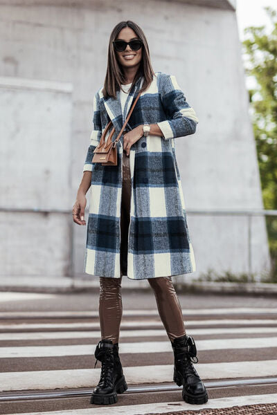 Double Take Full Size Plaid Button Up Lapel Collar Coat Trandify deal