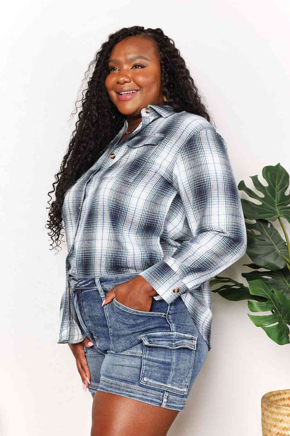 Double Take Plaid Dropped Shoulder Shirt Trandify deal