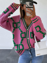 Geometric Dropped Shoulder Button Down Cardigan Trandify deal