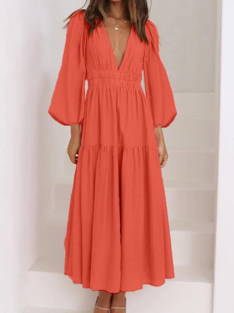 Deep V-Neck Balloon Sleeve Plain Maxi Dress Trandify deal