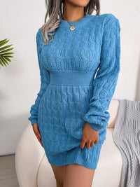 Cable-Knit Round Neck Mini Wrap Sweater Dress Trandify deal