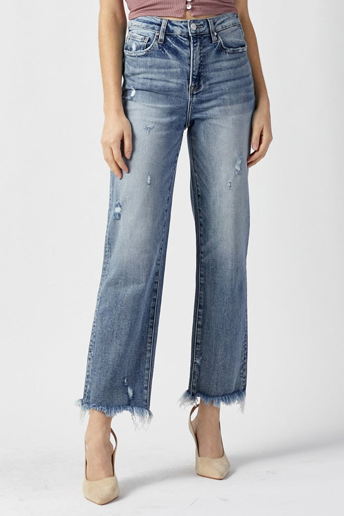 RISEN High Waist Raw Hem Straight Jeans Trandify deal