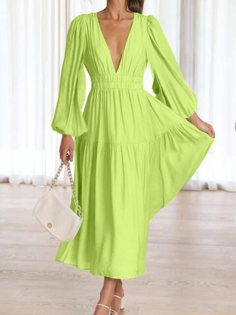 Deep V-Neck Balloon Sleeve Plain Maxi Dress Trandify deal