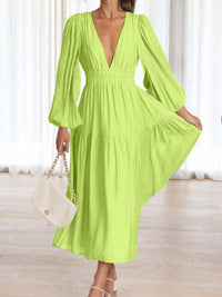 Deep V-Neck Balloon Sleeve Plain Maxi Dress Trandify deal