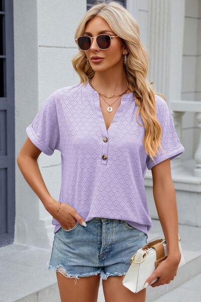 Eyelet Notched Short Sleeve T-Shirt Trandify deal