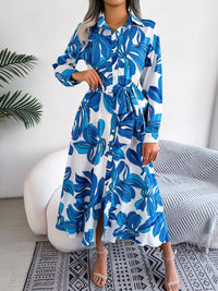 Tied Button Up Long Sleeve Dress Trendsi