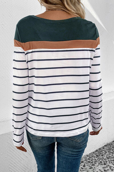 Perfee Striped Round Neck Long Sleeve T-Shirt Trandify deal