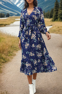 Perfee Printed Notched Lantern Sleeve Midi Dress Trandify deal