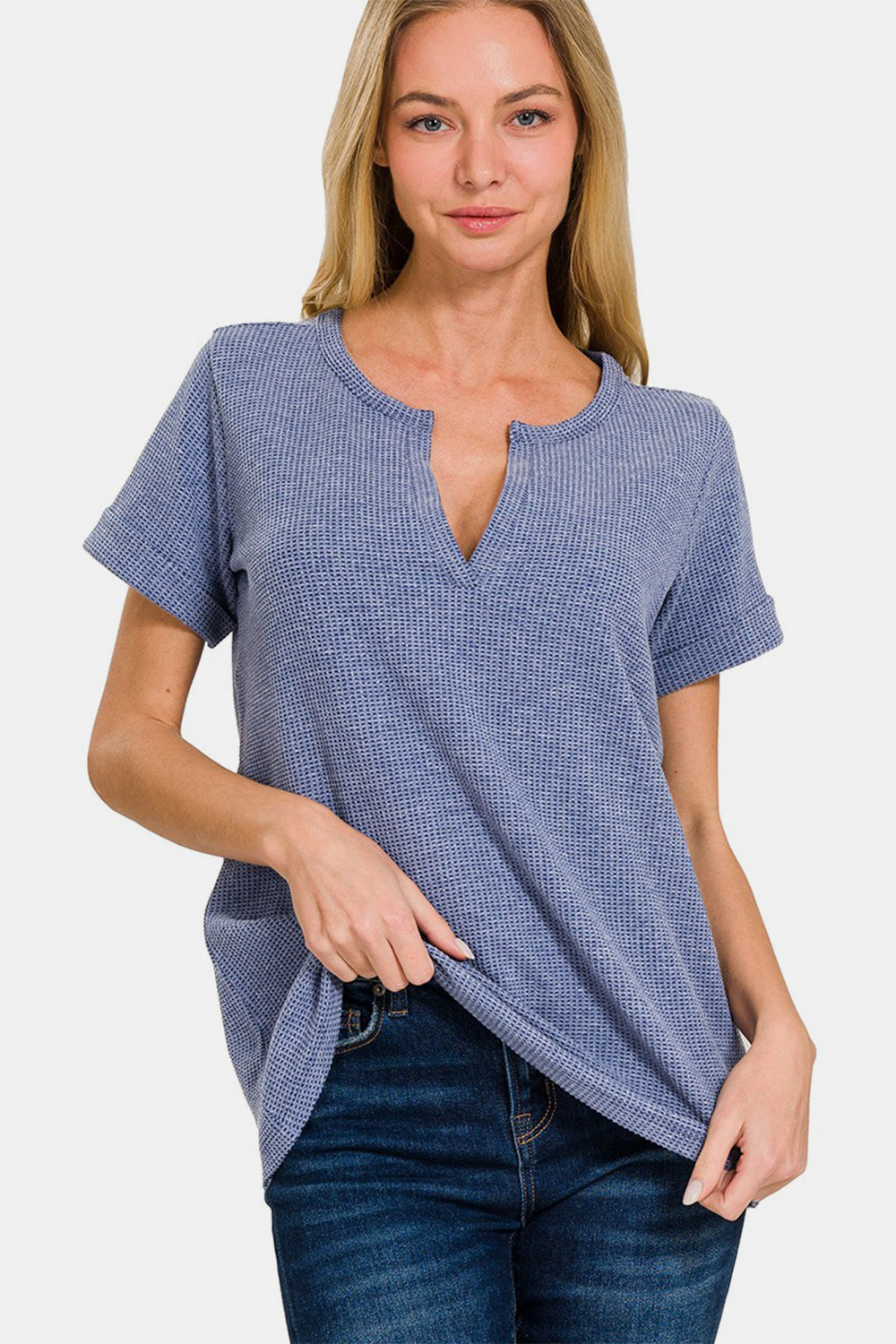Zenana Notched Short Sleeve Waffle T-Shirt Trandify deal
